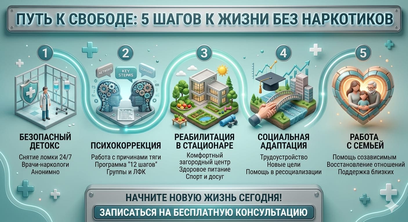 Инфографика: путь к свободе — 5 шагов к жизни без наркотиков (безопасный детокс, психокоррекция, реабилитация в стационаре, социальная адаптация, работа с семьёй)